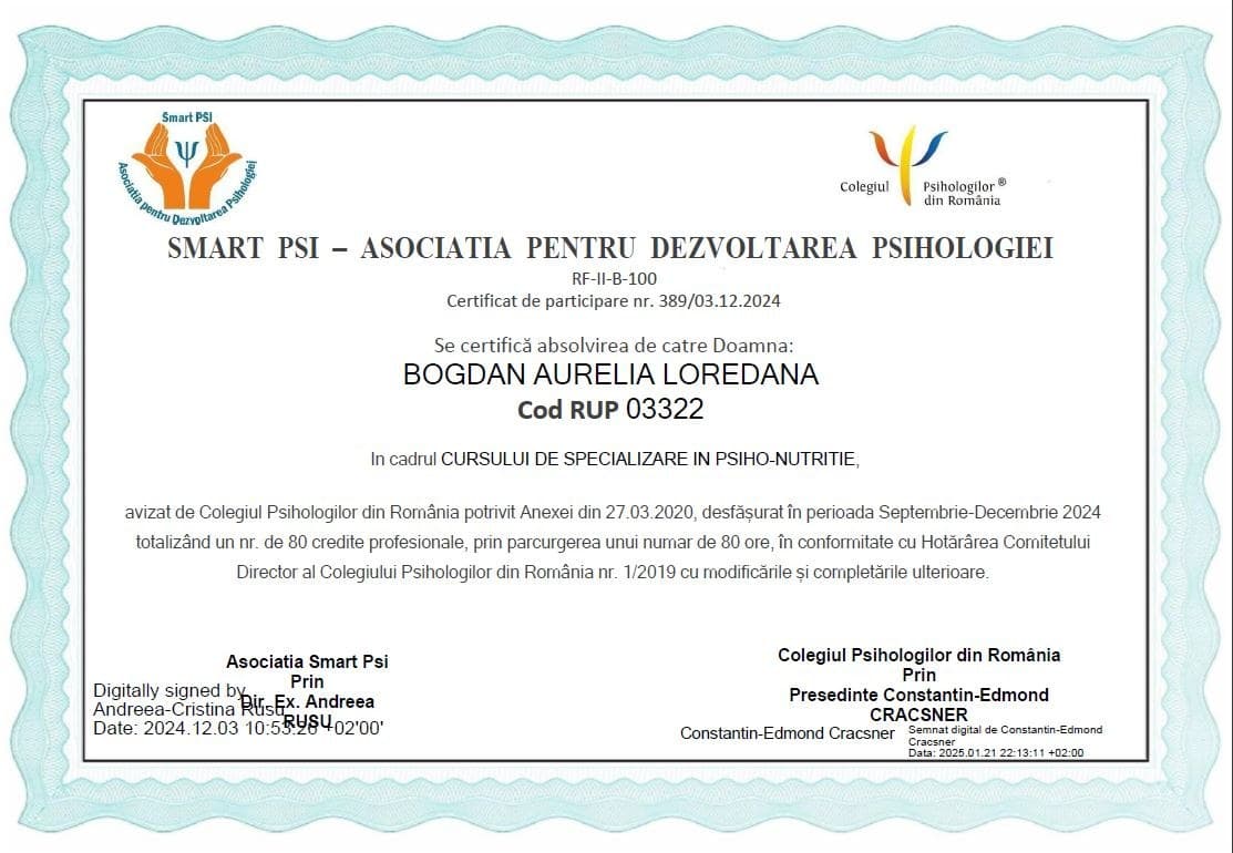 Certificat Aurelia Bogdan - curs de specializare în psiho-nutriție, Asociația Smart Psi, 2024, avizat de Colegiul Psihologilor din România