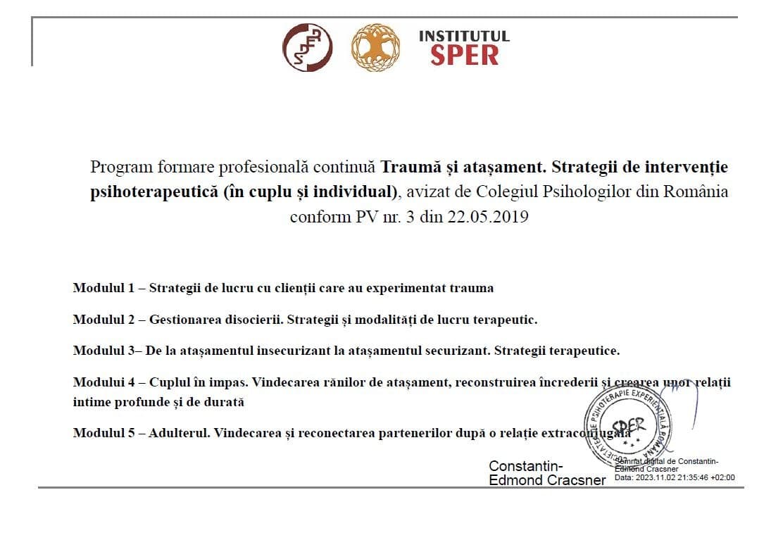 Modulele programului „Trauma și atașament”, SPER, 2023