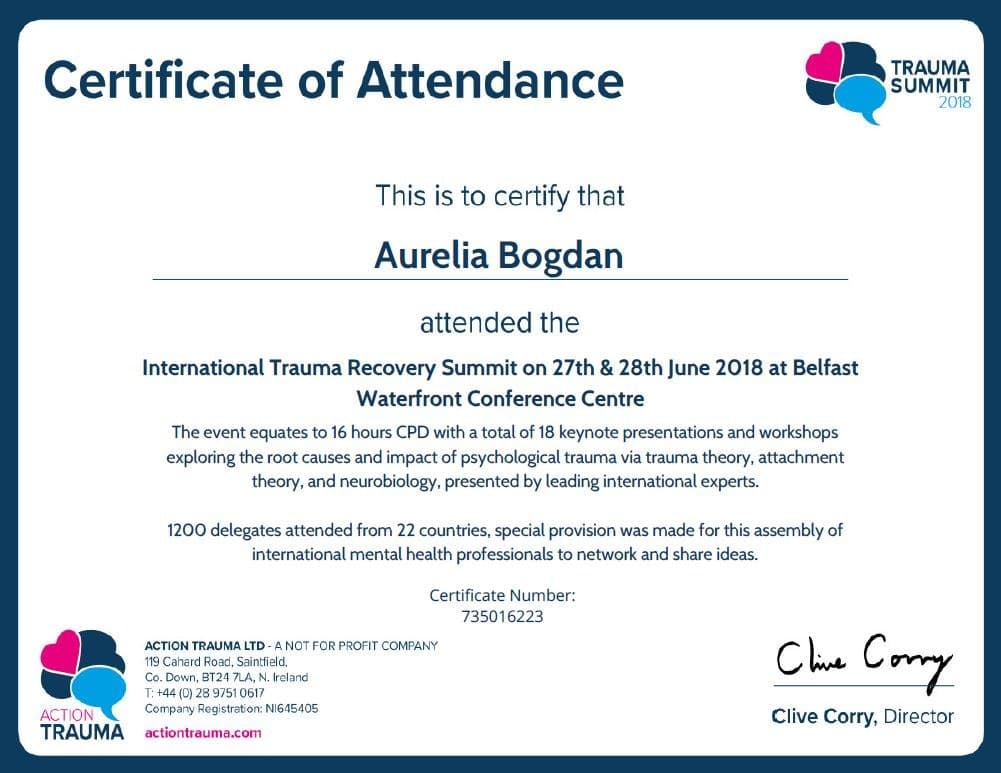 Certificat de participare Aurelia Bogdan - International Trauma Recovery Summit, Belfast, 2018